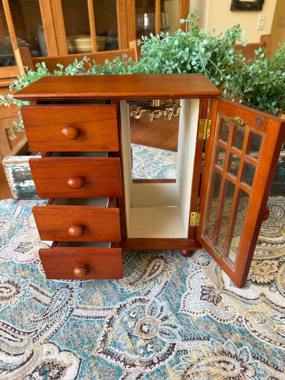 Wooden Tabletop Jewelry Box Armoire Cabinet 4 Drawer Mirrored Necklace Organizer
